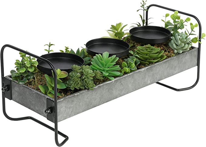 Tabletop Candle Holders, Metal and Matte Black Wire Candle Holder with DIY Artificial Succulents-MyGift