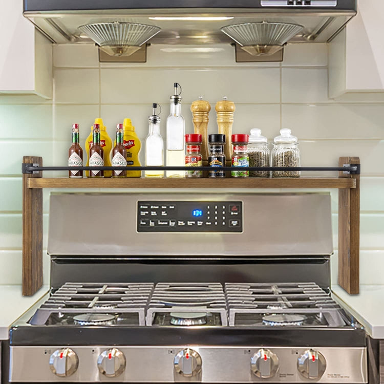 Stovetop Spice Rack, Burnt Wood and Industrial Black Metal Space Saving Over Stovetop Range Storage Display Shelf-MyGift