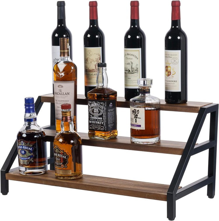 Tabletop 3 Tier Black Metal and Brown Wood Storage Rack, Wine Bottle Rack-MyGift