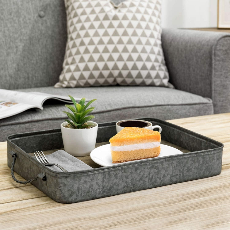Rustic Galvanized Metal & Solid Wood Serving Tray w/ Twisted Metal Handles-MyGift