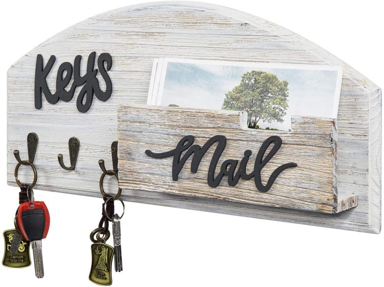Whitewashed Wood Wall Mounted Entryway Key Holder, Mail Sorter Rack with 3 Hanging Hooks-MyGift