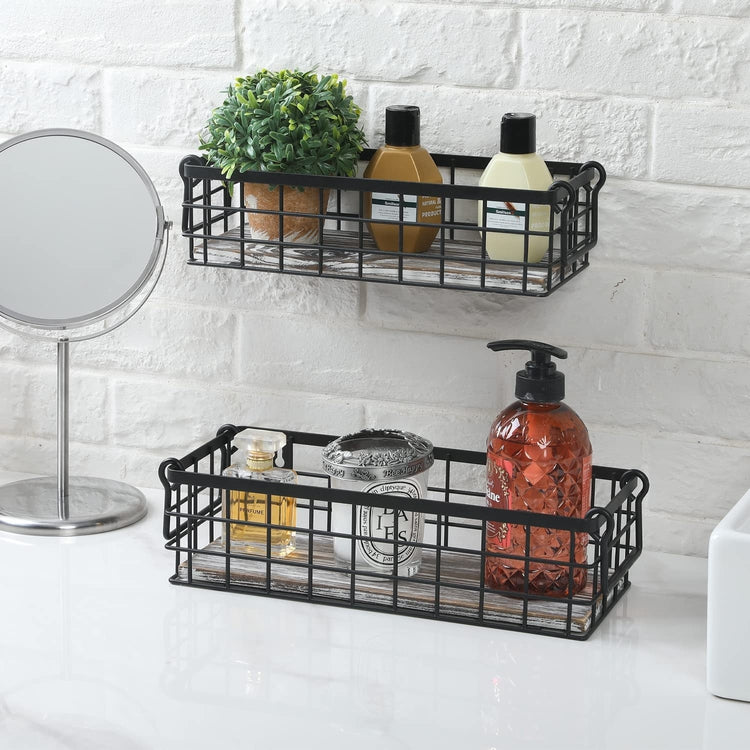 Set of 2, Storage Baskets with Handles, Black Metal Wire and Torched Wood Rectangular Wall Baskets-MyGift