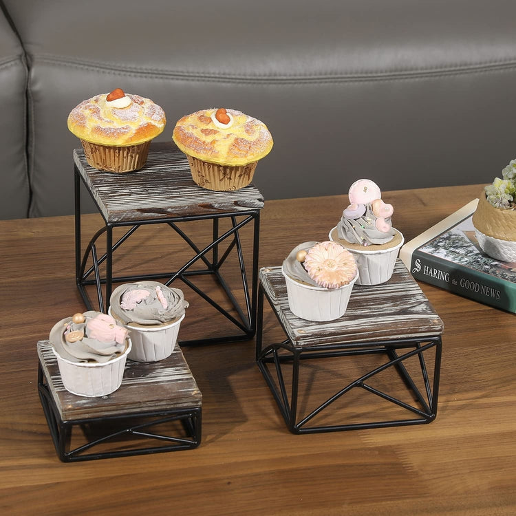 Set of 3, Square Torched Wood and Black Metal Wire Nesting Dessert Stands, Food Display Risers-MyGift