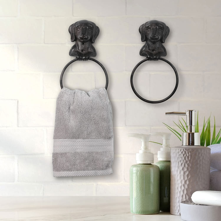 Dog Design Cast Iron Wall Mounted Bathroom Hand Towel Ring, Set of