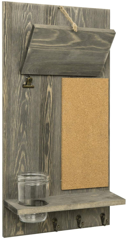 Vintage Gray Wood Wall Mounted Entryway Organizer with Mail Holder, Cork Board, 3 Key Hooks and Glass Mason Jar Vase-MyGift