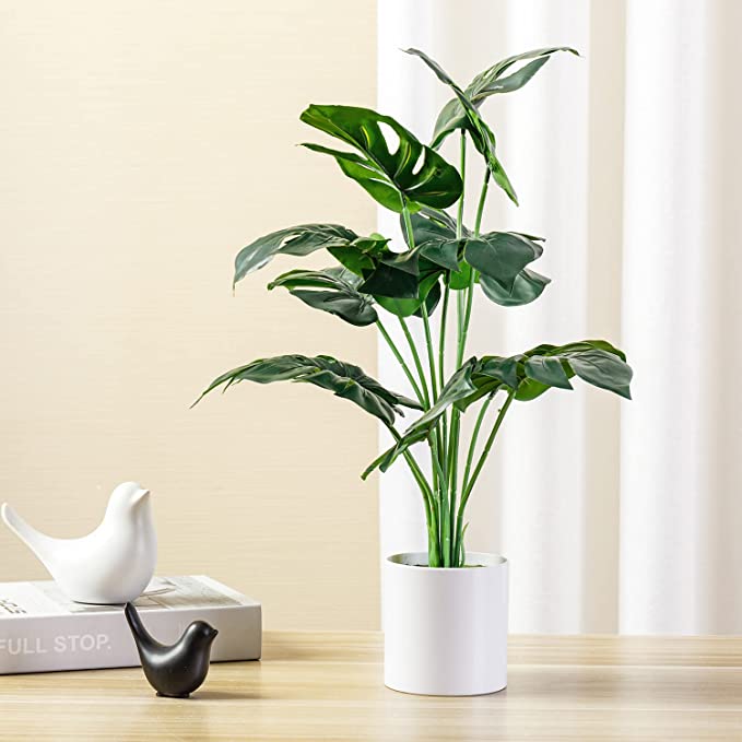 Artificial Tropical Palm Tree in Modern White Planter Pot, 20-inch Fake Garden Monstera Plant-MyGift