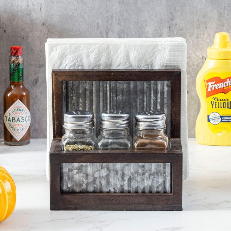 Farmhouse Brown Napkin Holder Spice Rack Combo Set, Napkin Rack with 3 Shakers for Salt Pepper Seasonings-MyGift