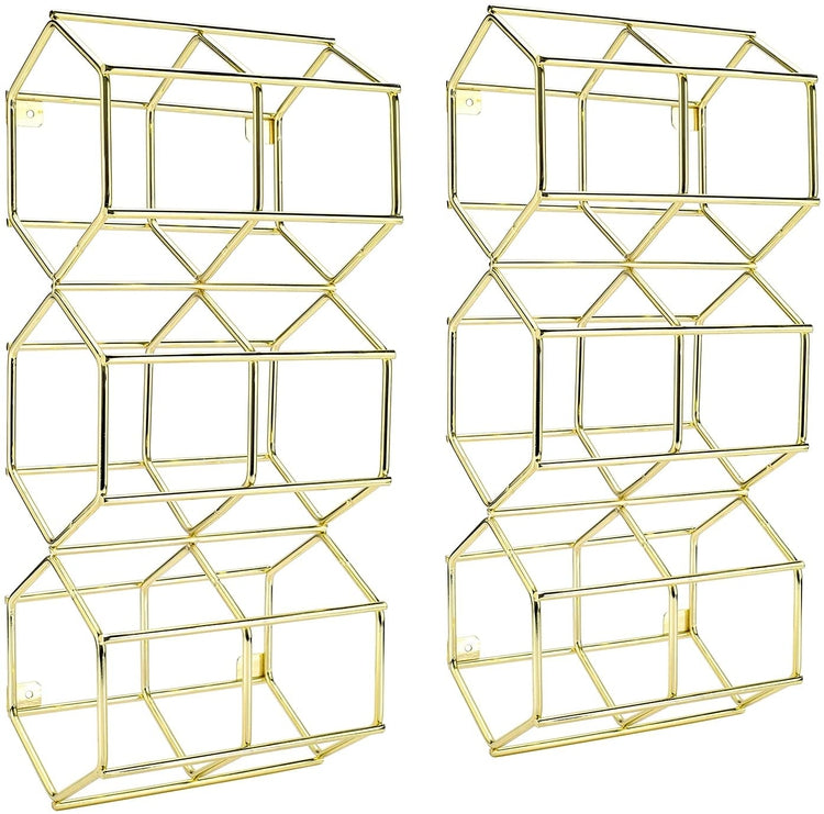Brass Plated Metal Wire Hexagonal Wall Mounted Wine Bottle Display Rack, Set of 2-MyGift