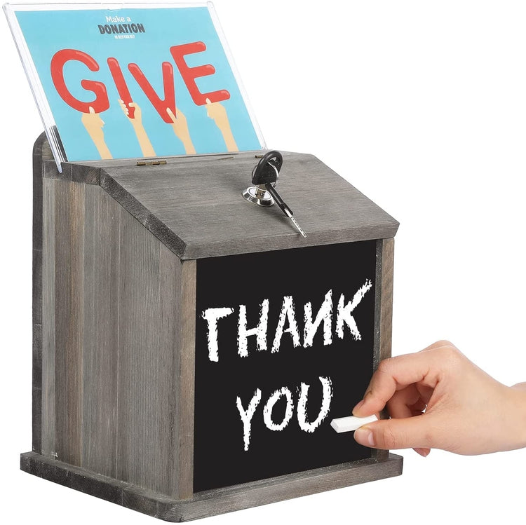 Weathered Gray Wood Lock Suggestion Box, Tip, Donation Box, Wall Mounted Locking Ballot Box, Clear Acrylic Sign Holder and Chalkboard-MyGift