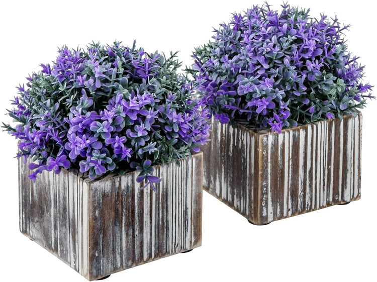 Set of 2, Artificial Verbena Officinalis Purple Flower Arrangement in Torched Wood Square Planters-MyGift