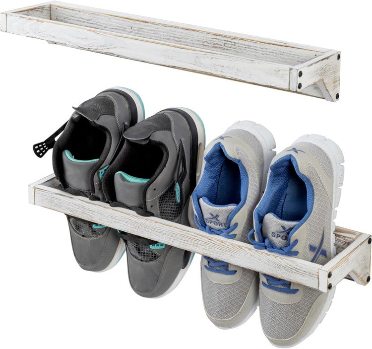 Wall Mounted White Wood Shoe Rack Storage Organizer, Hanging Footwear Holder for Closet, Mudroom, Entryway, Holds 4 Pairs-MyGift