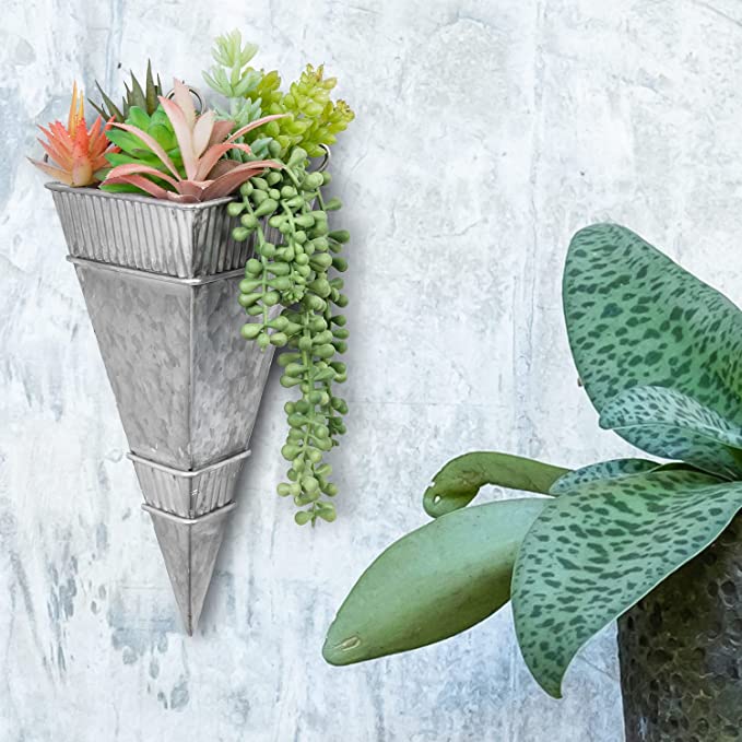 Galvanized Metal Triangular Sconce Wall Vase w/ Corrugated Bands & Scrollwork Design-MyGift