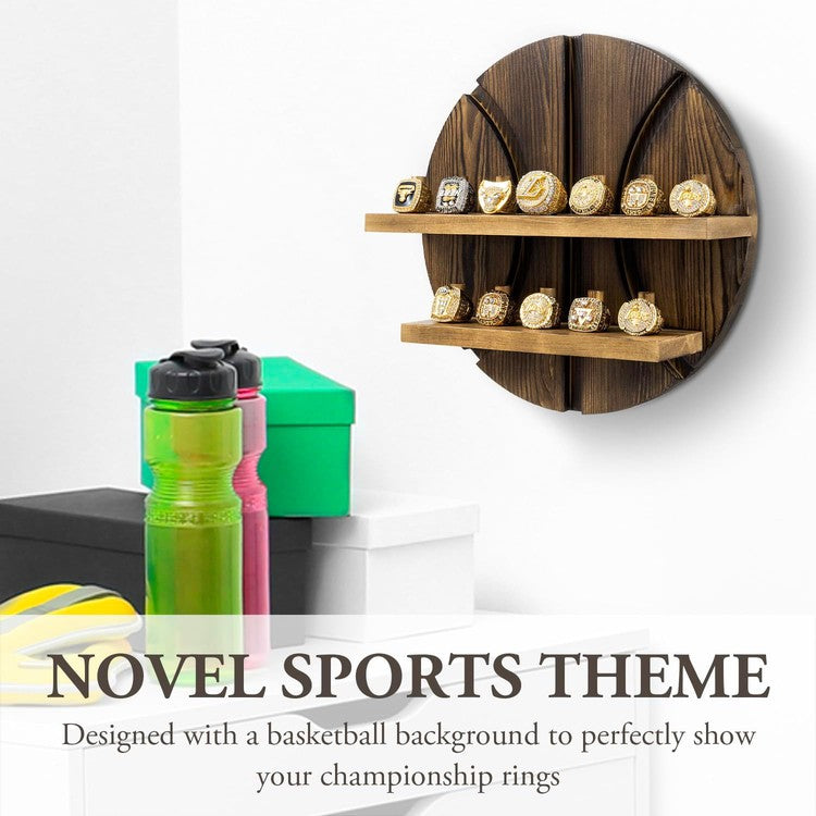 2 Tier Wall Mounted Brown Wood Sports Championship Ring Holder, Jewelry Storage Display-MyGift