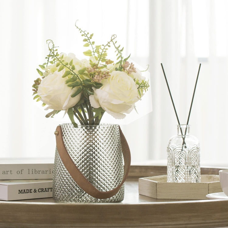 Artificial White Rose Bouquet Arrangement with Gray Tinted Diamond Embossed Glass Vase and Brown Leatherette Handle-MyGift