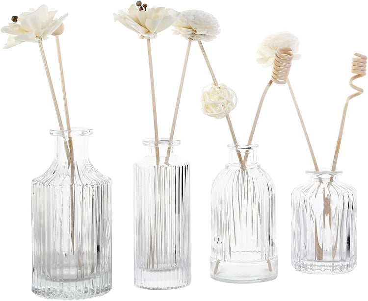 Clear Glass Reed Diffuser Bottle, Small Flower Bud Vase, Apothecary Ribbed Decorative Bottles, 4 Piece Set-MyGift