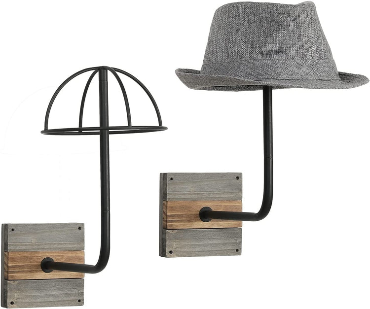 Set of 2, Black Metal Wall Mounted Hat Display Racks with Gray and Burnt Wood Base-MyGift