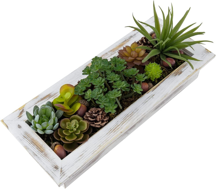 Whitewashed Wood Tabletop Window Box Trough Planter, Includes DIY Artificial Succulents, Pine Cones, Acorns, Moss Filler-MyGift