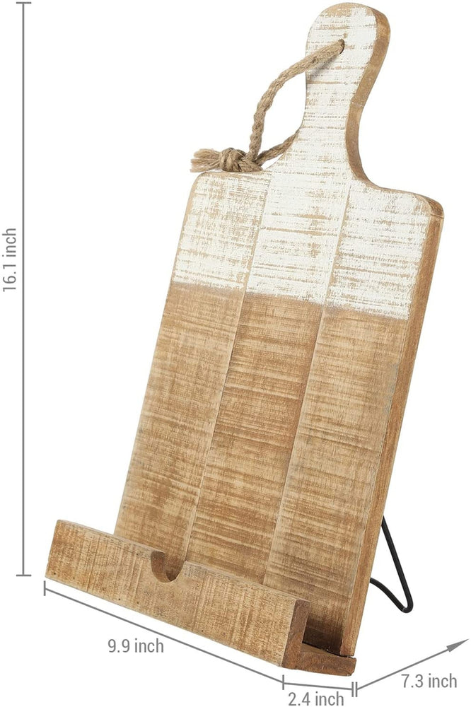 Cutting Board Shaped Cookbook Stand, Distressed Whitewashed Burnt Wood Recipe Book Holder, Countertop Tablet Easel Stand-MyGift
