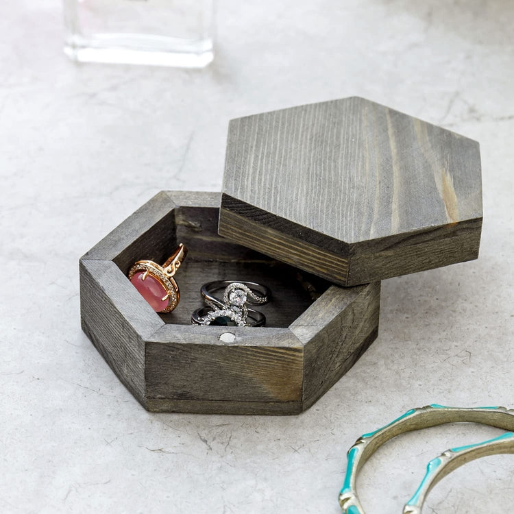 3-Inch Hexagonal Gray Wood Ring and Trinket Box for Wedding Ceremony, Small Trinket Jewelry Box-MyGift