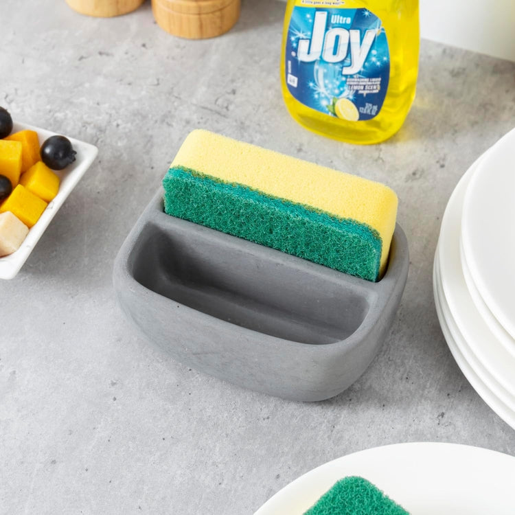 Gray Concrete Double Sponge Holder, Kitchen Counter Dual Compartment Cement Bowl for Dish Scrubber or Cleaning Pad-MyGift