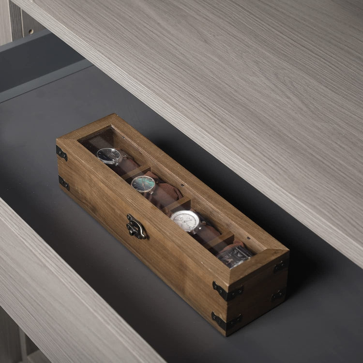 Walnut Wood Wristwatch Storage Case, Jewelry Organizer Box with Clear Acrylic Lid, Lock and Brass Metal Corner Accents-MyGift