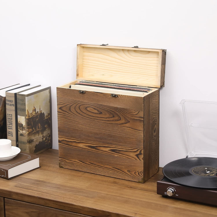 Burnt Wood Portable Vinyl Record Storage Box with Antique Carrying Handle and Locking Latches-MyGift