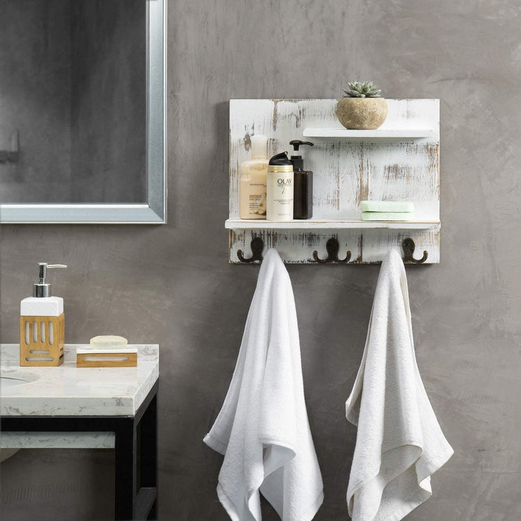 Whitewashed Wood Wall Mounted Organizer Shelf with 6 Hooks-MyGift