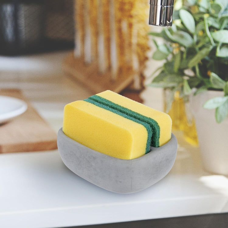Gray Concrete Double Sponge Holder, Kitchen Counter Dual Compartment Cement Bowl for Dish Scrubber or Cleaning Pad-MyGift