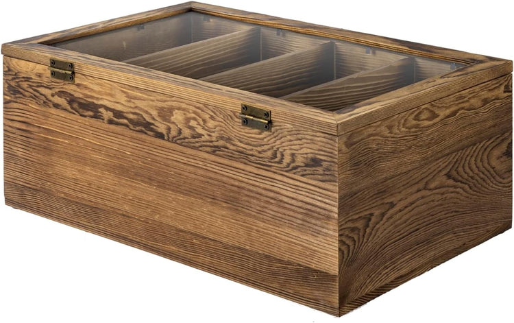 Burnt Wood Trading Card Storage Box with 4 Compartments, 4 Acrylic Dividers, Hinged Clear Viewing Lid, and Metal Latch-MyGift