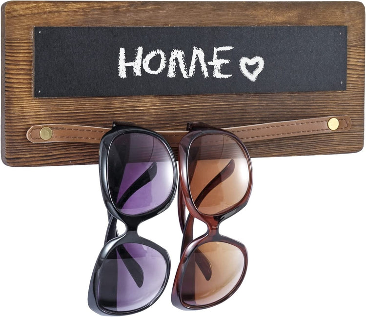 Burnt Wood Wall Mounted Chalkboard and Sunglasses Holder Rack with Brown Leatherette Hanging Rail-MyGift
