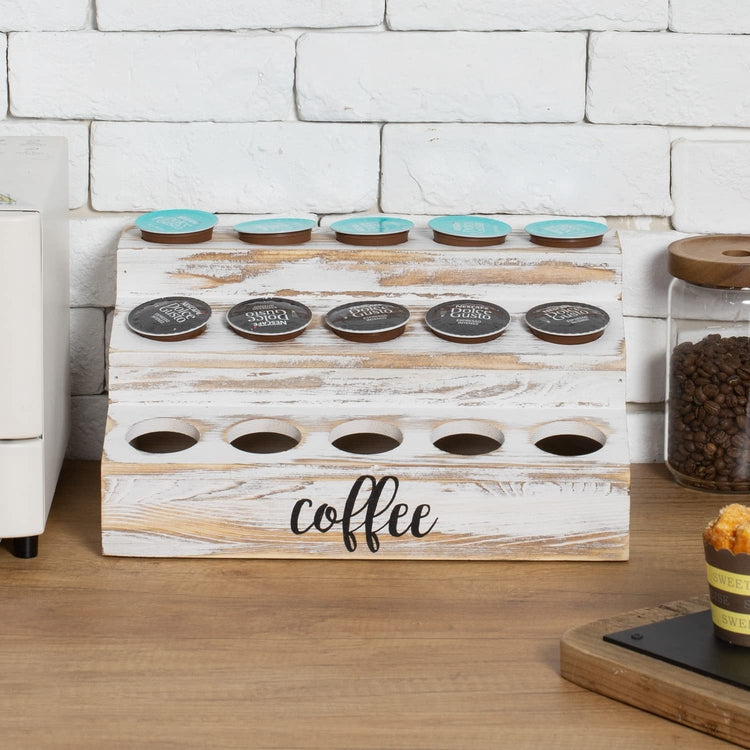 Coffee Station Organizer, Whitewashed Wood Step Style Coffee Pods Holder Storage Rack with Black Cursive COFFEE Label-MyGift