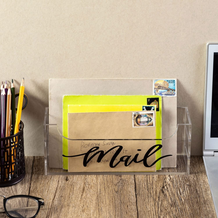 Clear Acrylic Mail Holder with Black Cursive "Mail" Label, Wall Mounted or Tabletop Mailbox, Letter Storage Box-MyGift