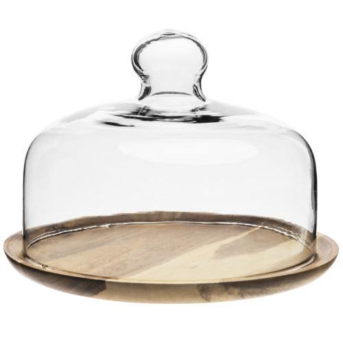 Glass Dessert/Cheese Cloche with Acacia Wood Tray, 7.5 Inch - MyGift