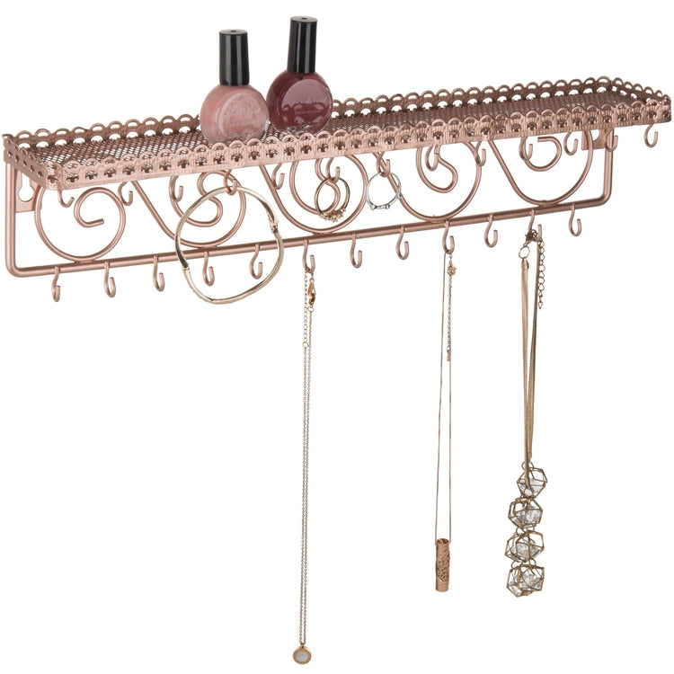 Rose Gold Metal Jewelry Rack with 25 Hooks, Wall Mounted Scrollwork Cosmetics Shelf-MyGift