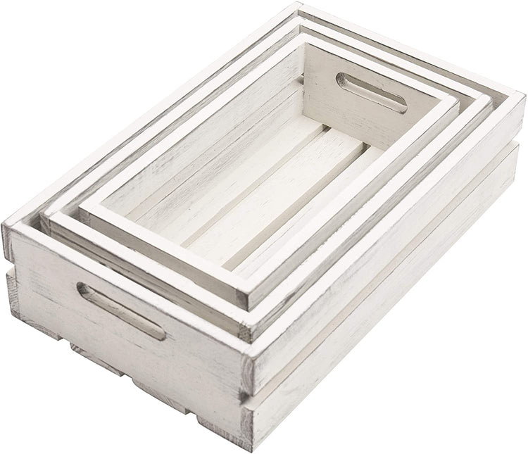 Set of 3 Vintage Whitewashed Wood 16 x 10 Inch Nesting Storage Crates with Handles-MyGift