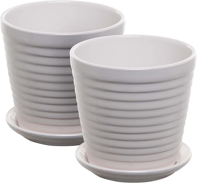 Set of 2, White Ceramic Ribbed Round Succulent Plant Pots-MyGift
