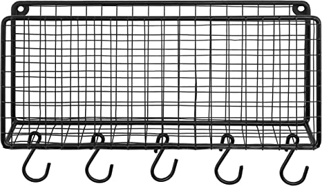 Wall Mounted Modern Black Metal Mail Holder Organizer, Mail Sorter with 5 Removable S-Hooks-MyGift