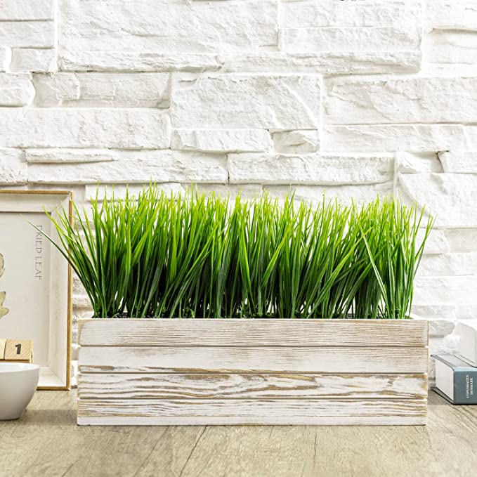 14 Inch Faux Green Grass Plant in Shabby Whitewashed Wood Planter Window Box-MyGift