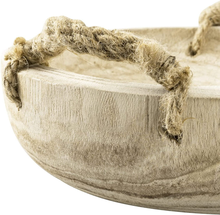 Handmade Paulownia Wood Decorative Round Fruit Bowl with Rope Handles, Serving Bowl Tabletop Home Décor-MyGift