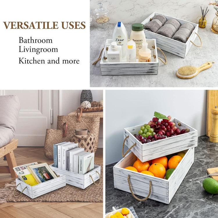 White Wood Nesting Storage Bins with Rope Handles, Farmhouse Weathered