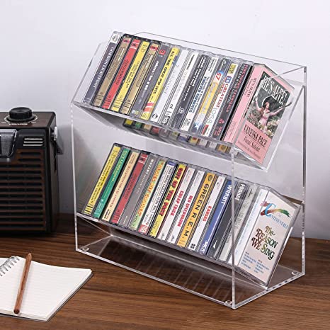 Clear Acrylic Cassette Tape Holder with Cutout Handles, 2 Tier Retro Audio Tape Deck Storage Display Case-MyGift