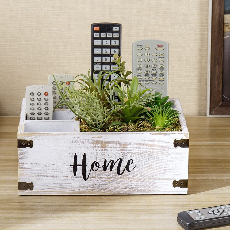 Whitewashed Wood Remote Control Caddy with Artificial Succulent Planter, Black Metal Accents, Cursive "Home" Lettering-MyGift