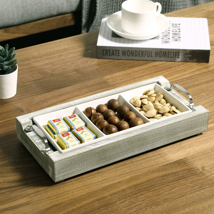 Gray Washed Wooden Serving Tray with Handles and Removable White Ceramic 3-Section Platter-MyGift