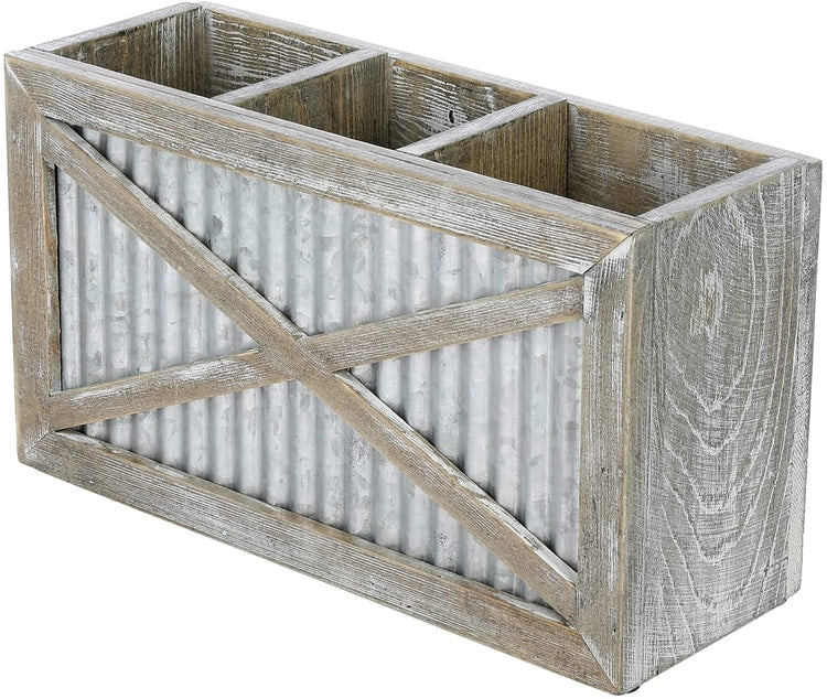 Countertop Kitchen Utensil Holder with Whitewashed Wood and Corrugated Metal, Wall Mounted Cooking Tool Caddy-MyGift