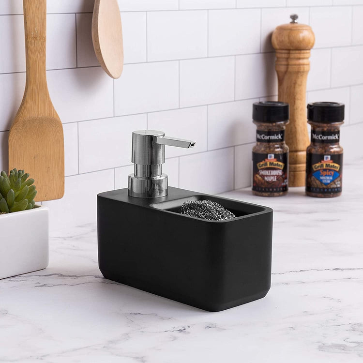 Black Faux Marble Resin Dish Soap Dispenser with Sponge Holder-MyGift