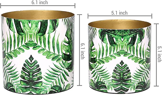 Metal Flower Pot with Green Palm Leaf Design and Brass Tone Interior, 2 Piece Set-MyGift