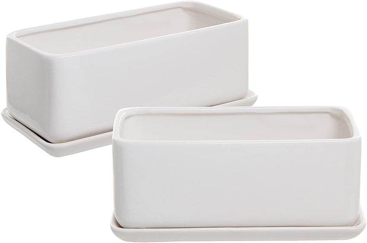 Set of 2, White Rectangular 10 inch Succulent Planter Pots with Removable Drip Tray-MyGift