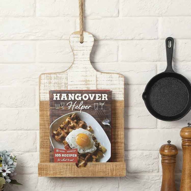 Cutting Board Shaped Cookbook Stand, Distressed Whitewashed Burnt Wood Recipe Book Holder, Countertop Tablet Easel Stand-MyGift