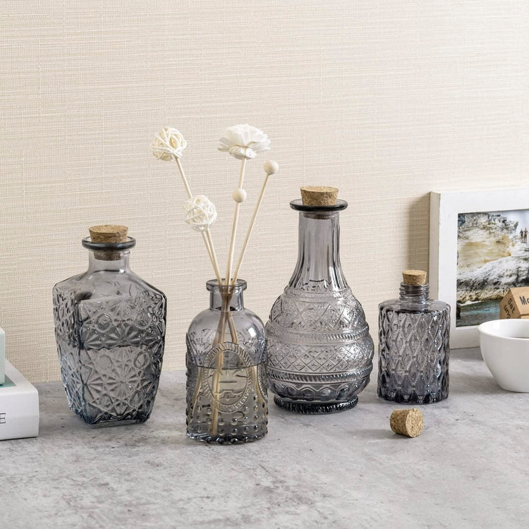 Set of 4, Small Gray Glass Reed Diffuser Bottles, Embossed Apothecary Style Flower Bud Vases with Cork Lids-MyGift