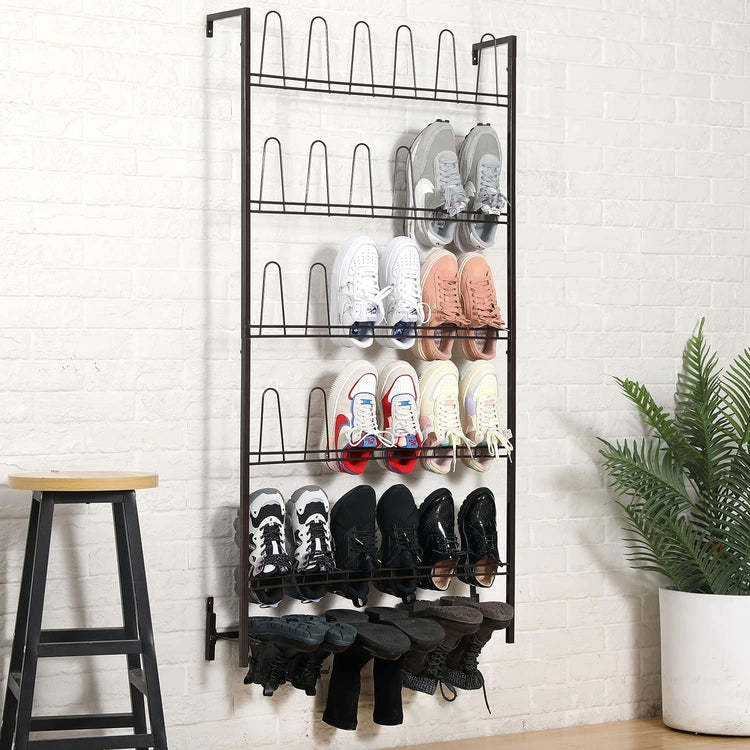 5-Tier Wall Mounted Dark Brown Metal 18 Pair Boot and Shoe Storage Rack Organizer Stand-MyGift